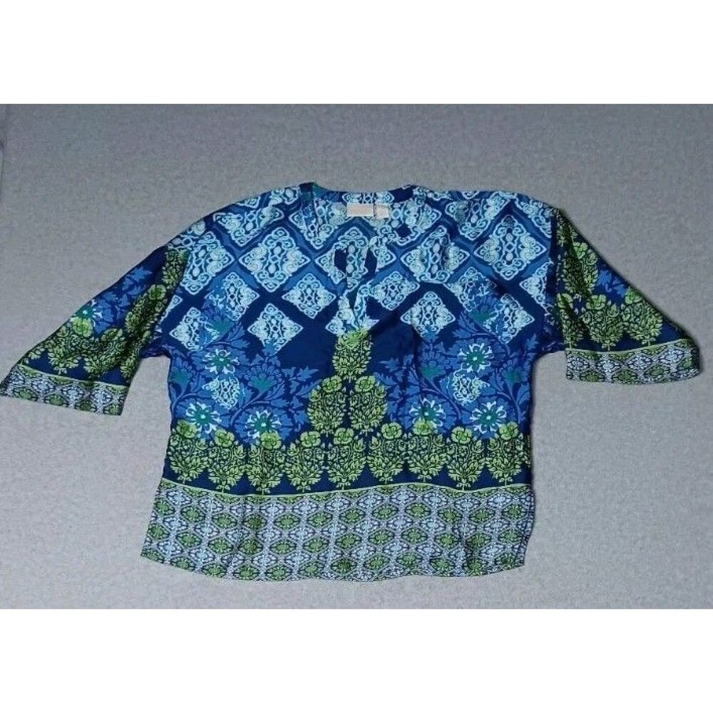 Chicos Tunic Blouse Womens Size 1 Blue And Green Mandelas Vneck 3/4 Sleeve...